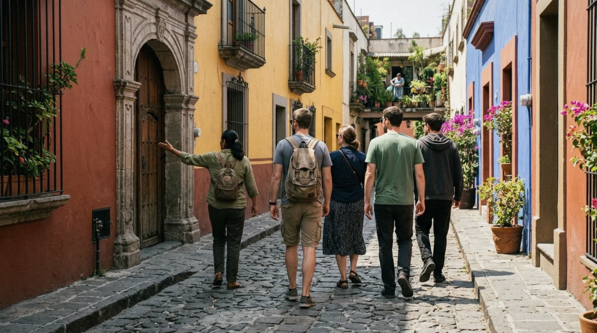 A small guided group listening to a local guide beside the coyote fountain on a Coyoacan tour in Mexico City