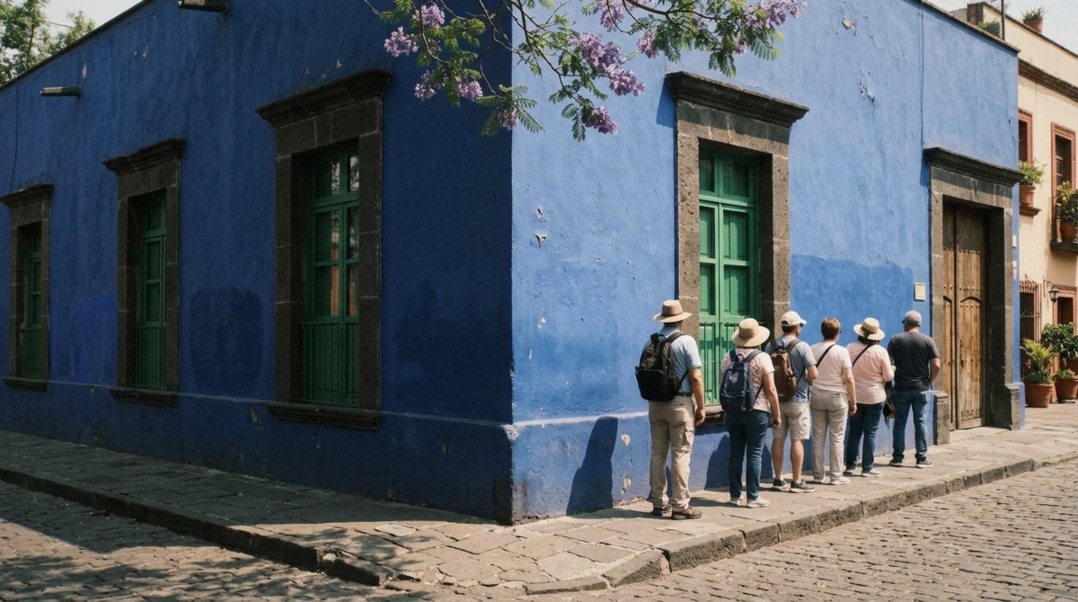 Visitors queuing along the cobalt blue wall of Casa Azul, the stop that decides whether a Coyoacan tour is worth it for Frida Kahlo fans in Mexico City