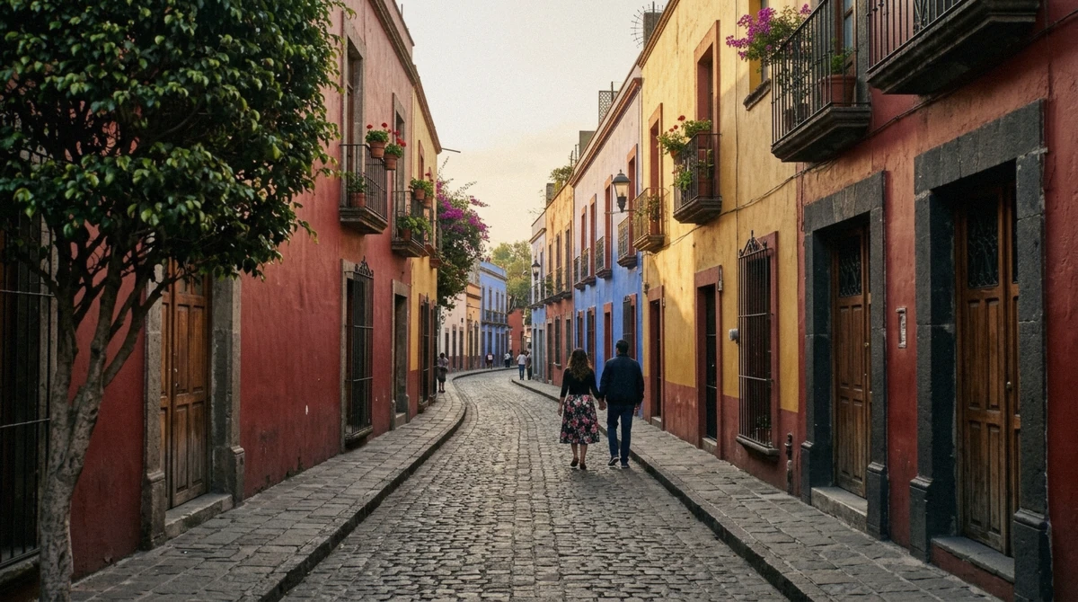 Cobblestone Avenida Francisco Sosa lined with colonial facades, the walking route for how to get to Coyoacan from the Viveros metro station