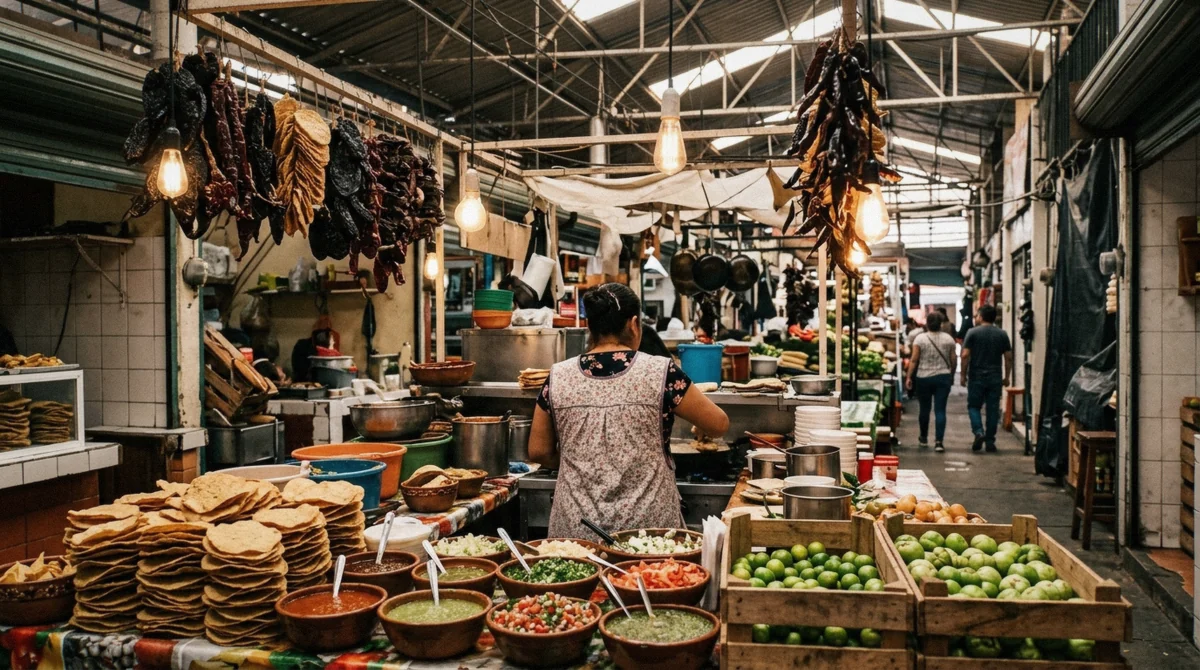Fresh tostadas piled high at a stall inside the Mercado de Coyoacán, a stop on a self-guided Coyoacan without a tour route