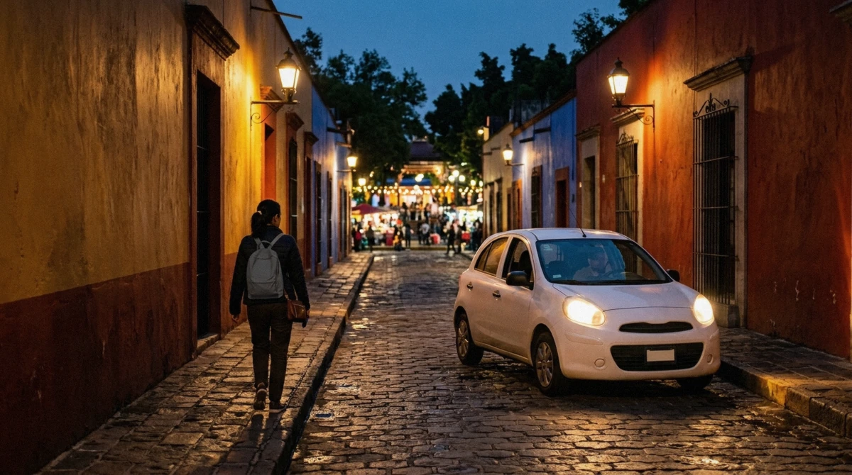 A traveler getting into a rideshare on a lamplit cobblestone street after dark, the habit that keeps Coyoacan safe at night in Mexico City